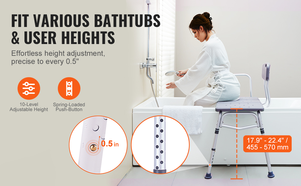 VEVOR tub transfer bench fits various bathtubs with 10-level adjustable height and spring-loaded push-button.