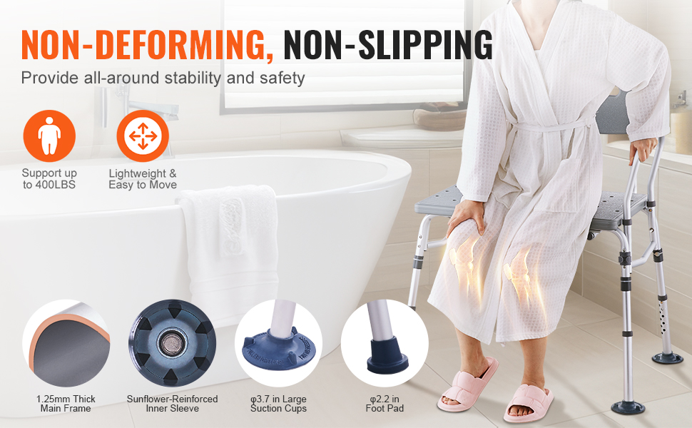 VEVOR tub transfer bench, support up to 400lbs, non-deforming, non-slipping, lightweight, and easy to move.