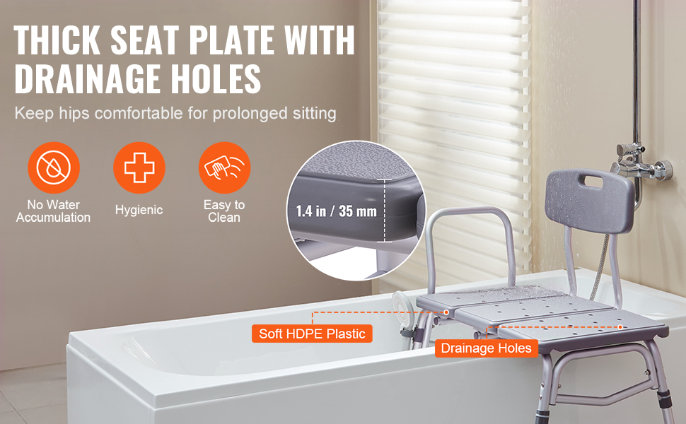 VEVOR tub transfer bench with thick seat plate, drainage holes, soft hdpe plastic, and ergonomic design.