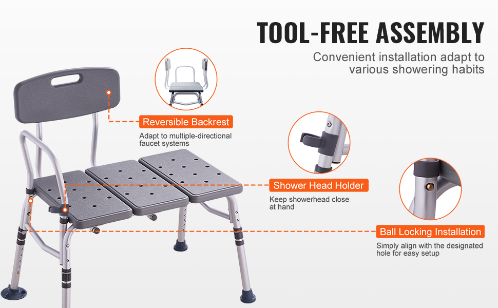 VEVOR tub transfer bench with reversible backrest, shower head holder, and ball locking installation.