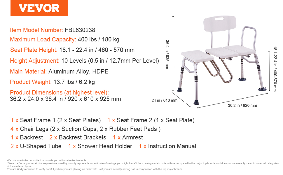 VEVOR tub transfer bench with adjustable height, aluminum alloy frame, backrest, and wide seat.
