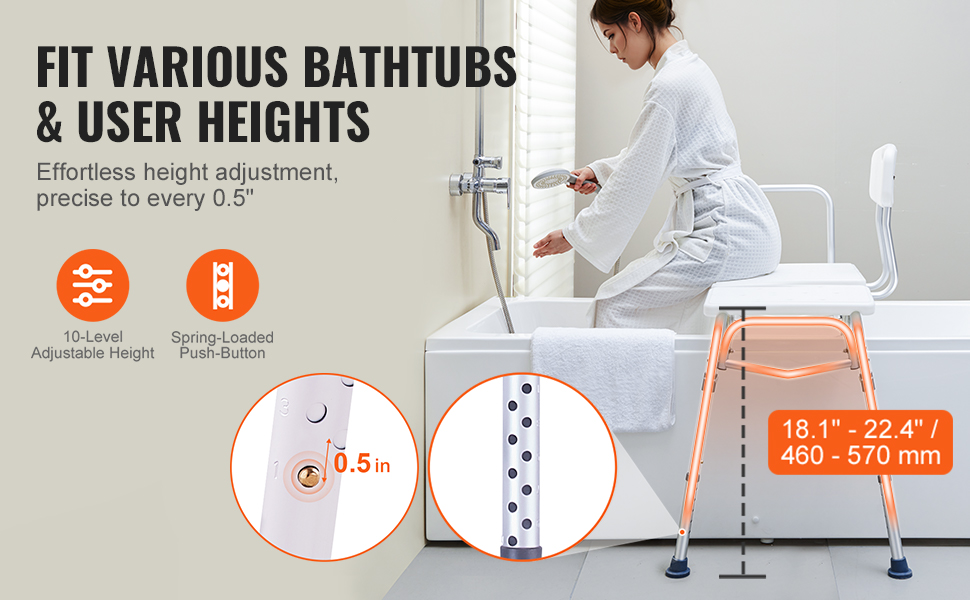 VEVOR tub transfer bench with adjustable height, fits various bathtubs and user heights.