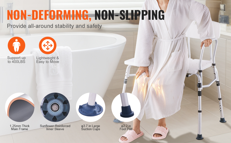 VEVOR tub transfer bench supports 400 lbs, non-deforming, non-slipping, with suction cups and foot pads.