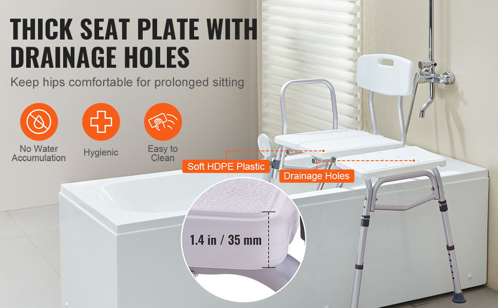 VEVOR tub transfer bench with thick hdpe plastic seat, drainage holes, adjustable height, easy to clean.