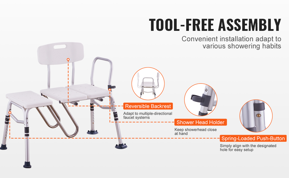 VEVOR tub transfer bench with reversible backrest, shower head holder, and spring-loaded push-button. tool-free assembly.
