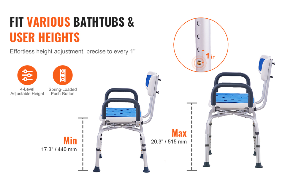 VEVOR shower chair with adjustable height for various bathtubs and user heights, min 17.3", max 20.3".