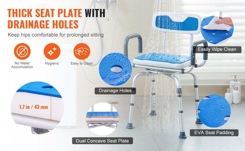 VEVOR shower chair with thick seat plate, drainage holes, eva padding, and easy-to-clean features.