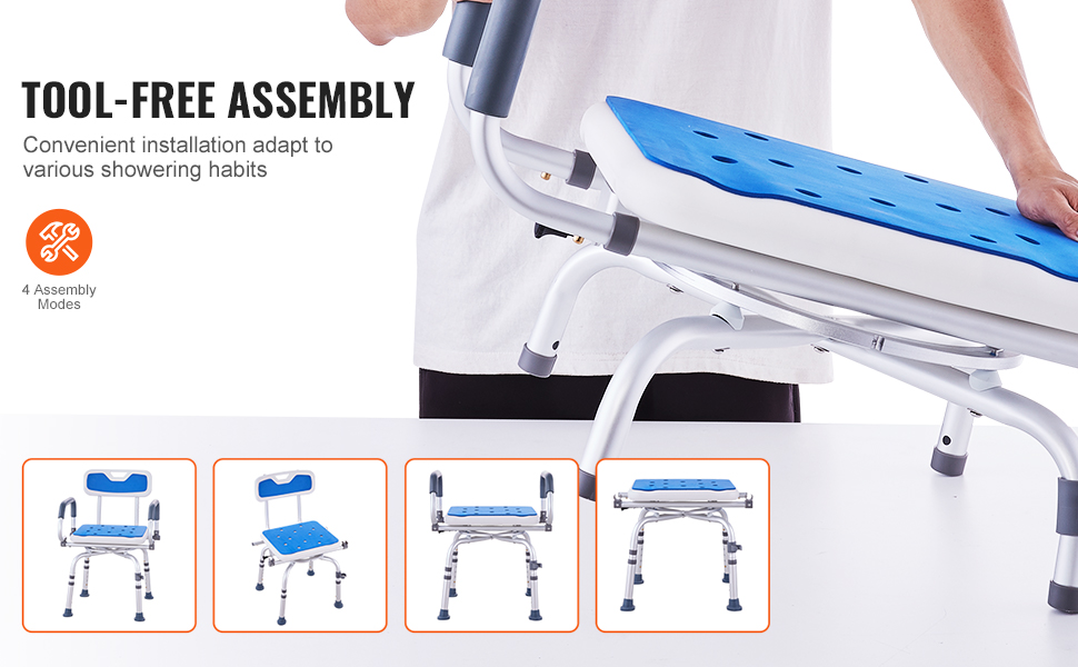 tool-free assembly VEVOR shower chair with non-slip seat and four assembly modes.
