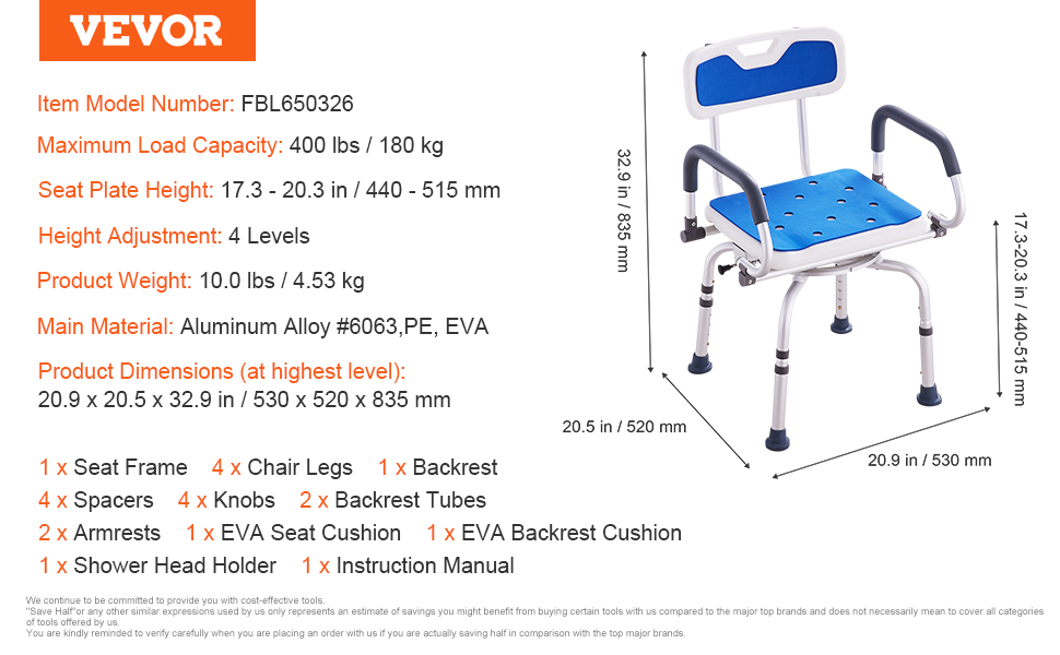 VEVOR shower chair with blue eva seat cushion, adjustable height, and aluminum alloy frame.