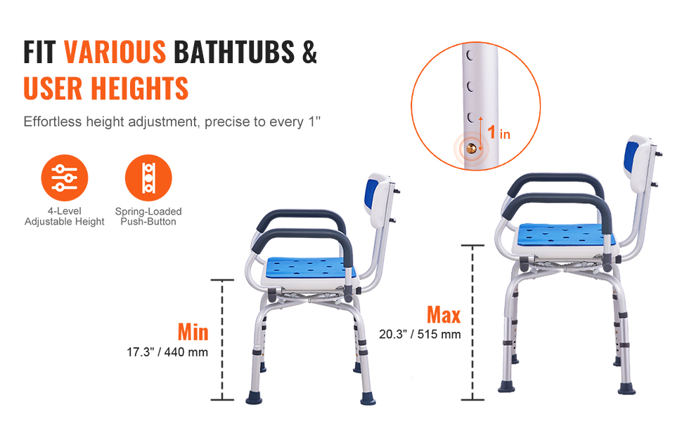 VEVOR shower chair with adjustable height, fits various bathtubs and user heights from 17.3" to 20.3".