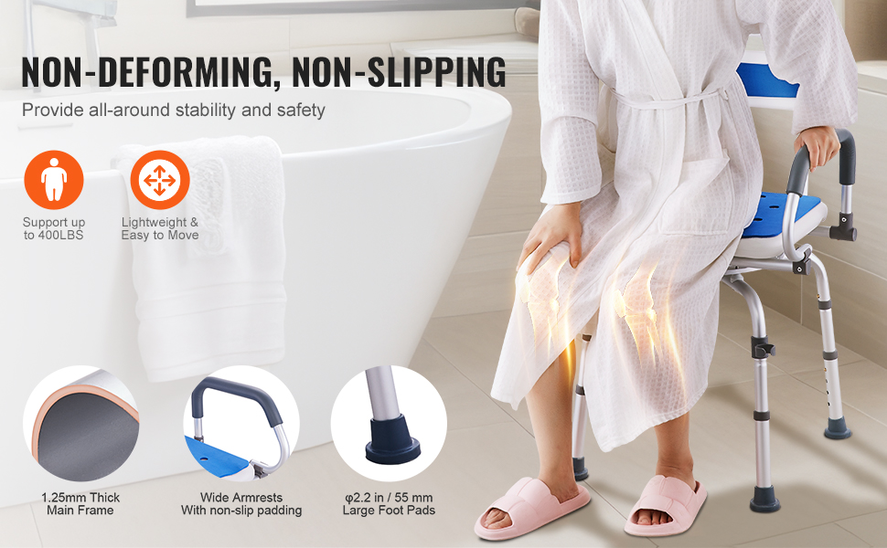 person using VEVOR shower chair near a bathtub with padded armrests and large foot pads for support.