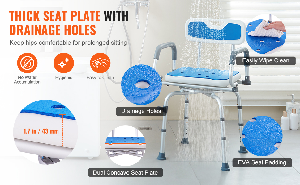 VEVOR shower chair with thick seat plate, drainage holes, eva padding, and easy-clean features.