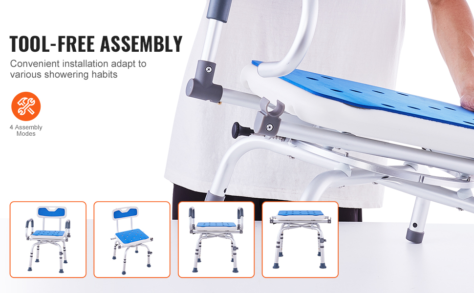 tool-free assembly of VEVOR shower chair with blue seat and 4 assembly modes. convenient installation.