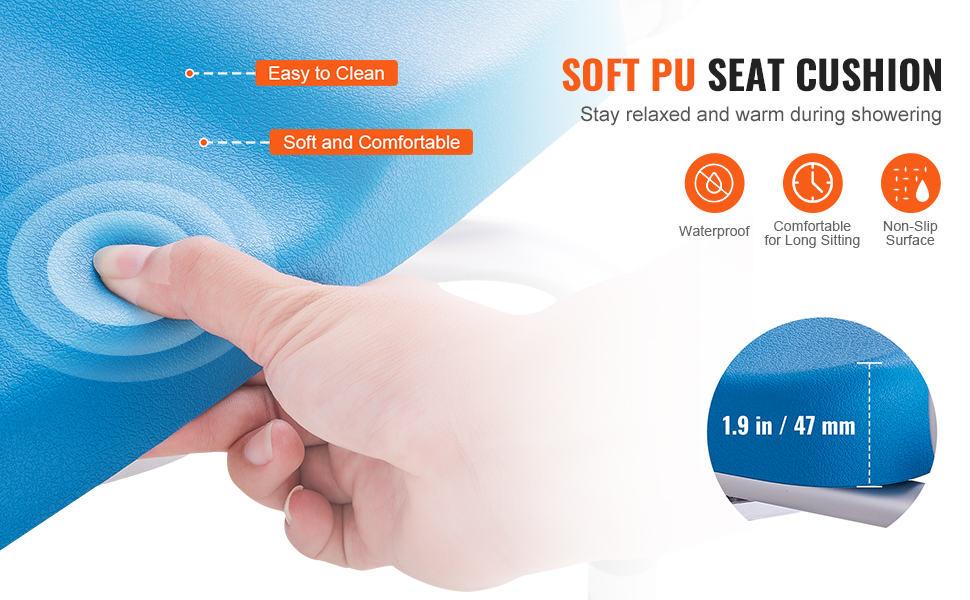 soft, waterproof pu cushion with non-slip surface on VEVOR swivel shower chair; easy to clean.