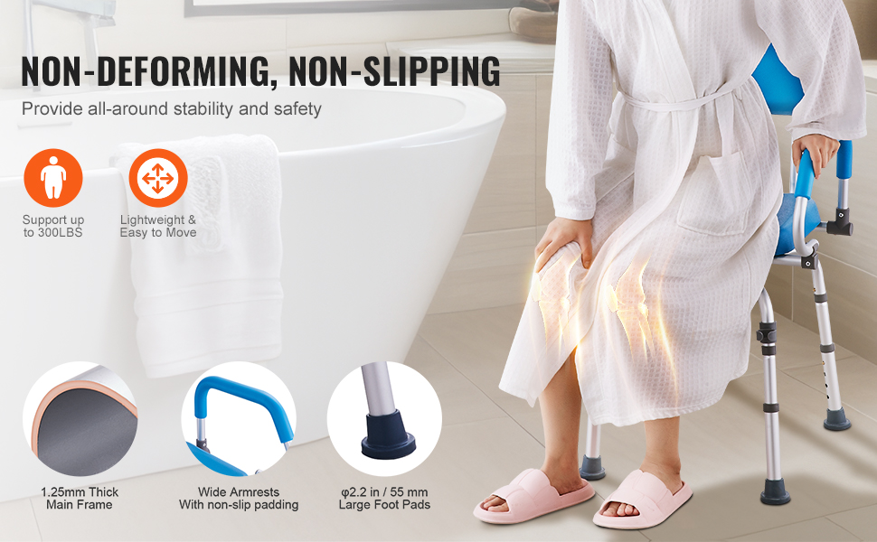 VEVOR swivel shower chair, non-slipping, supports up to 300lbs, lightweight, wide armrests, large foot pads.
