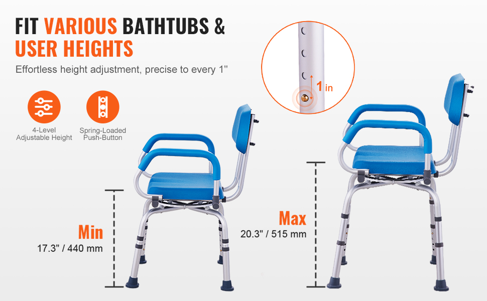 VEVOR swivel shower chair with adjustable height for various bathtubs and user heights.