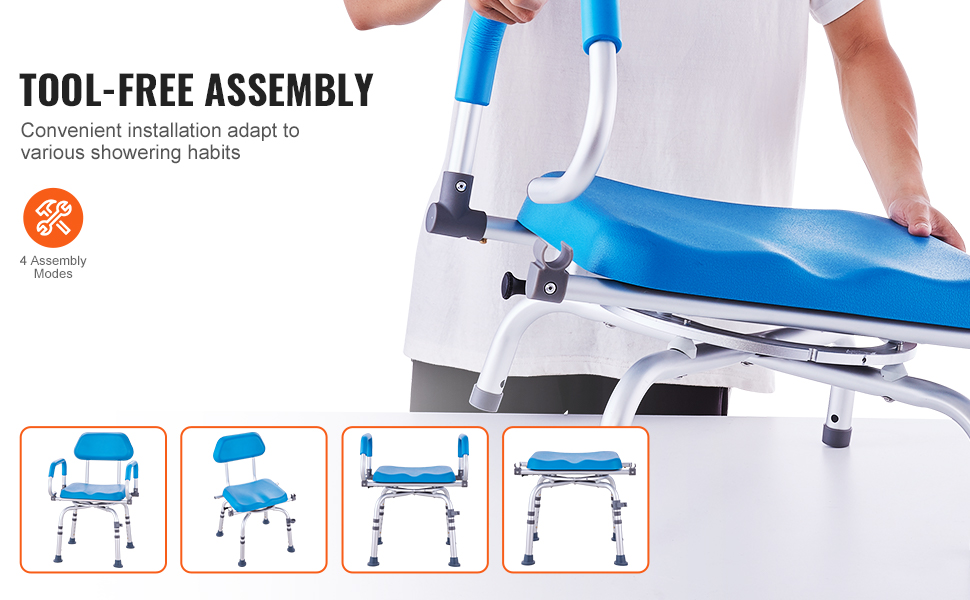 VEVOR swivel shower chair with tool-free assembly and four adjustable modes for versatile use.