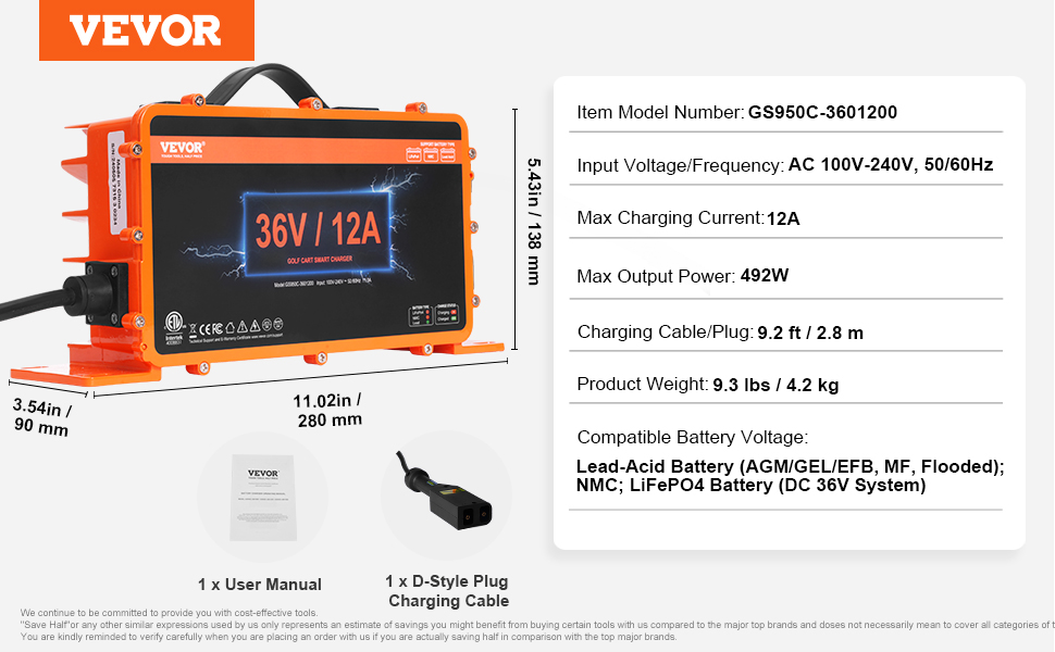 VEVOR 36 volt golf cart battery charger, 36v/12a, ac 100-240v, 492w, with user manual and charging cable.