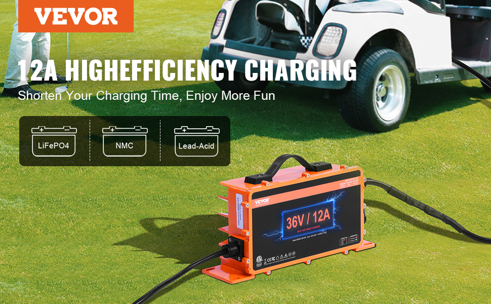 VEVOR 36 volt golf cart battery charger with high efficiency 12a charging, suitable for lifepo4, nmc, lead-acid.