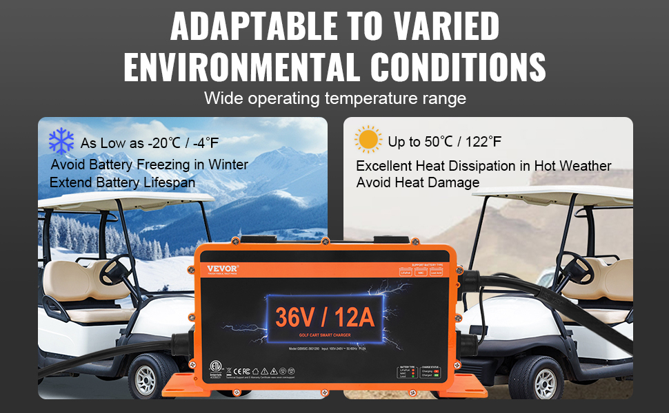 VEVOR 36 volt golf cart battery charger, adaptable to extreme temperatures from -20°c to 50°c.