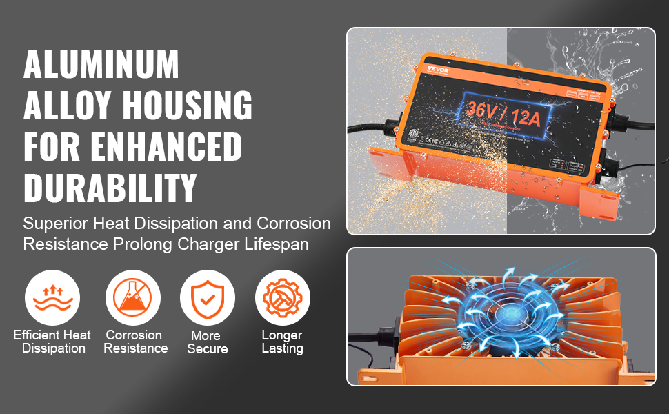 VEVOR 36 volt golf cart battery charger with aluminum alloy housing for durability, heat dissipation, and corrosion resistance.