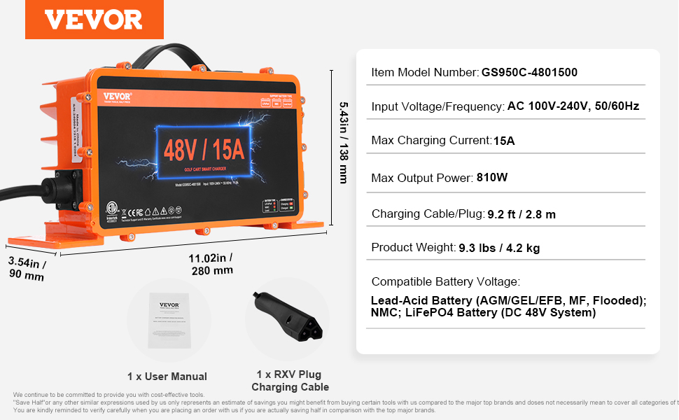 VEVOR golf cart battery charger, 48v/15a, dimensions, plug, user manual, ac 100v-240v.