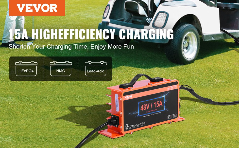VEVOR golf cart battery charger with 48v/15a output on a green field, compatible with lifepo4, nmc, and lead-acid batteries.