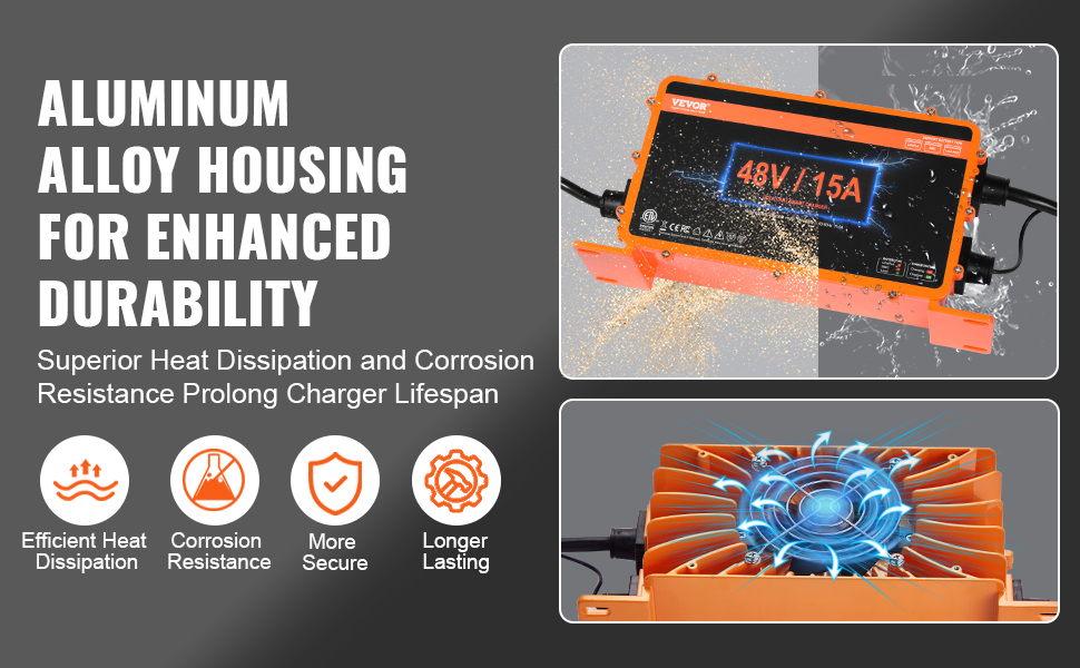 VEVOR golf cart battery charger with aluminum alloy housing, efficient heat dissipation, and corrosion resistance.