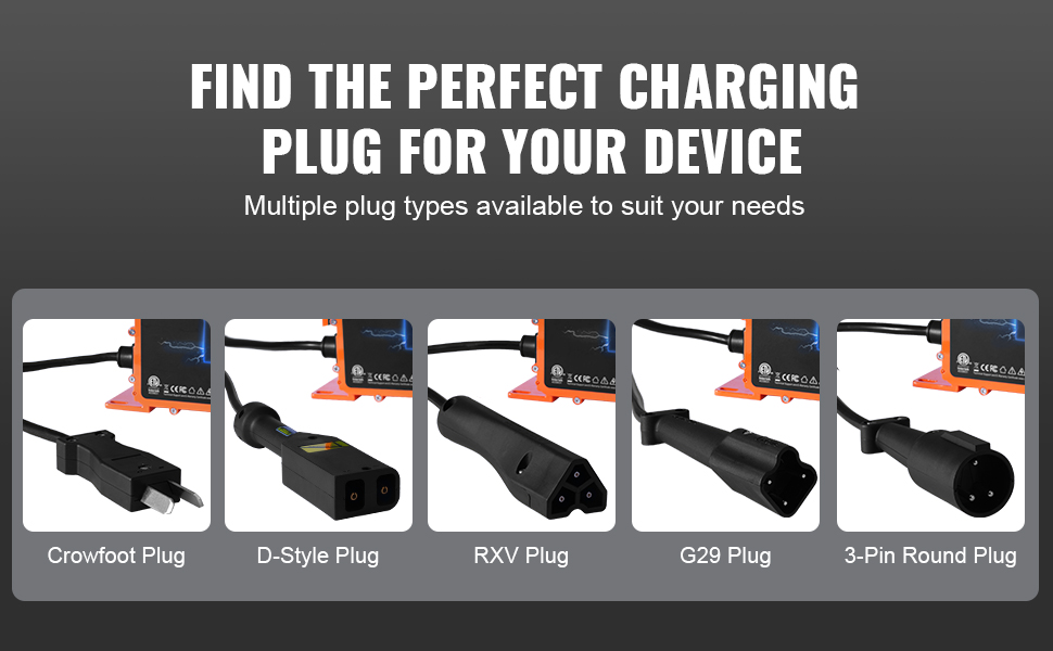 VEVOR golf cart battery charger with crowfoot, d-style, rxv, g29, and 3-pin round plugs displayed.