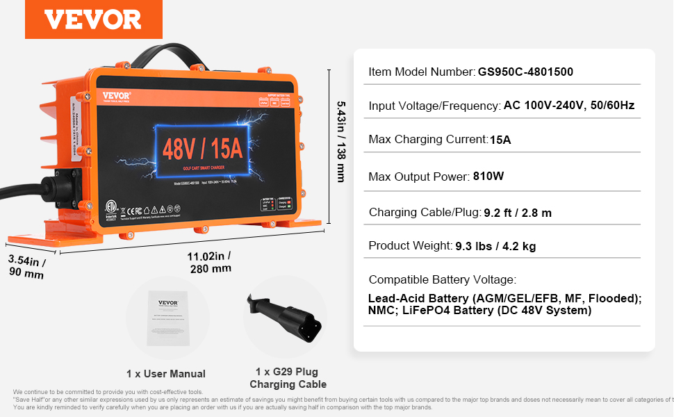 VEVOR golf cart battery charger, 48v/15a, ac 100v-240v, 810w, with g29 plug and user manual.
