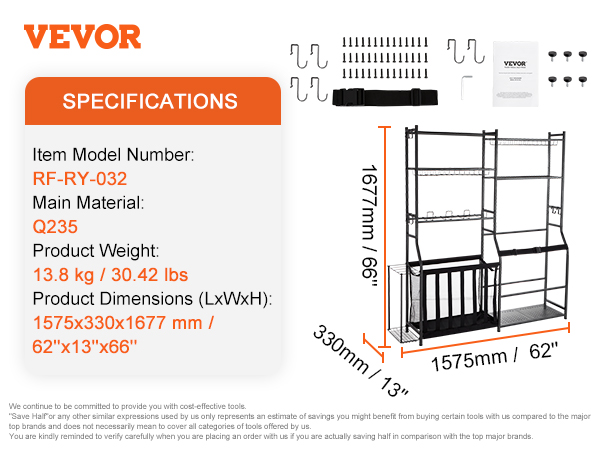 VEVOR golf storage organizer dimensions, package contents, main material q235 steel, and model rf-ry-032.