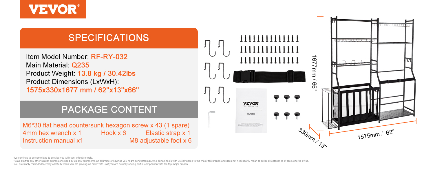VEVOR golf storage organizer dimensions, package contents, main material q235 steel, and model rf-ry-032.