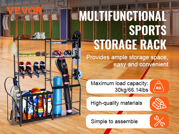 VEVOR golf storage organizer in a gym, showcasing various sports equipment and ample storage space.