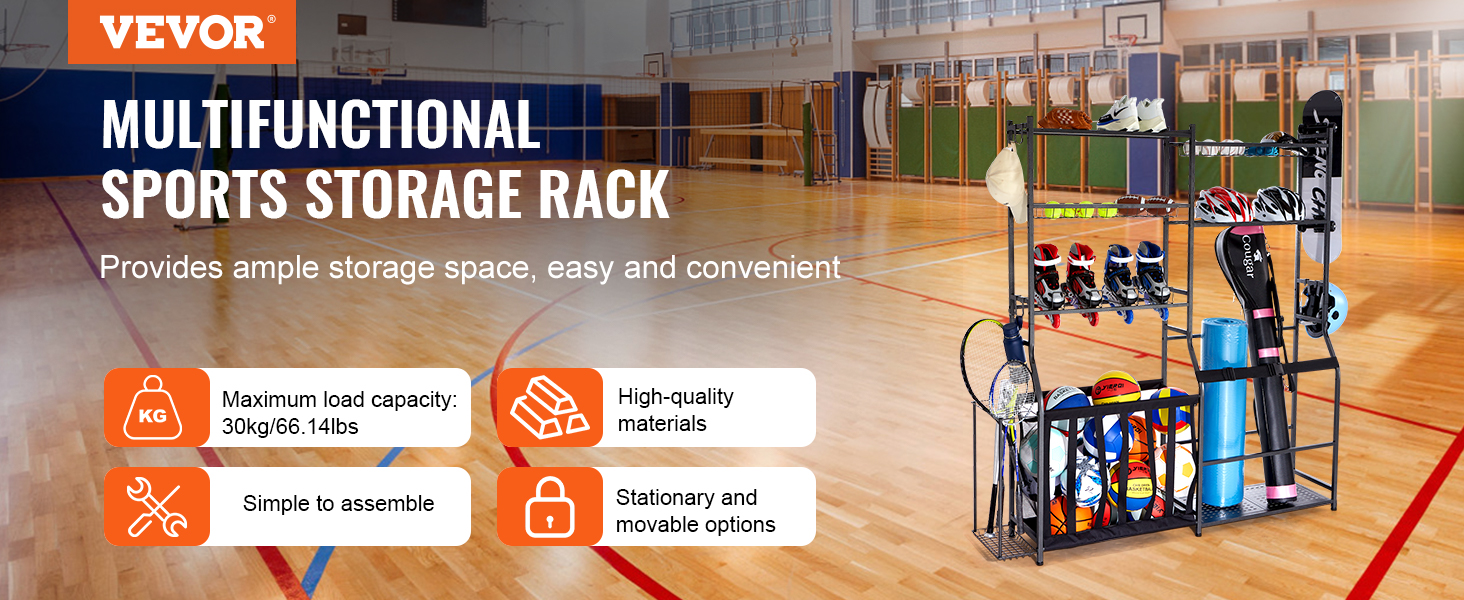 VEVOR golf storage organizer in a gym, showcasing various sports equipment and ample storage space.