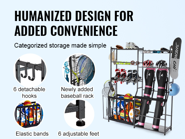 VEVOR golf storage organizer features 6 detachable hooks, a baseball rack, elastic bands, and adjustable feet.