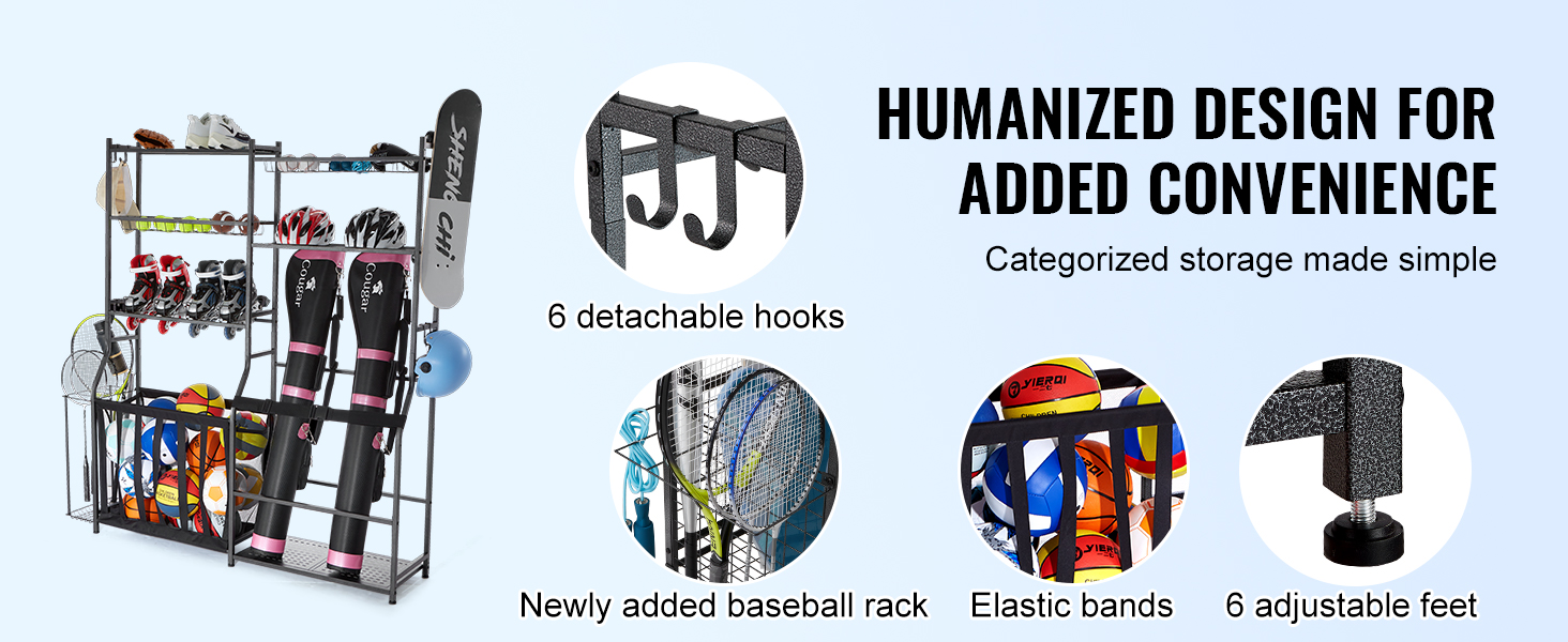 VEVOR golf storage organizer features 6 detachable hooks, a baseball rack, elastic bands, and adjustable feet.
