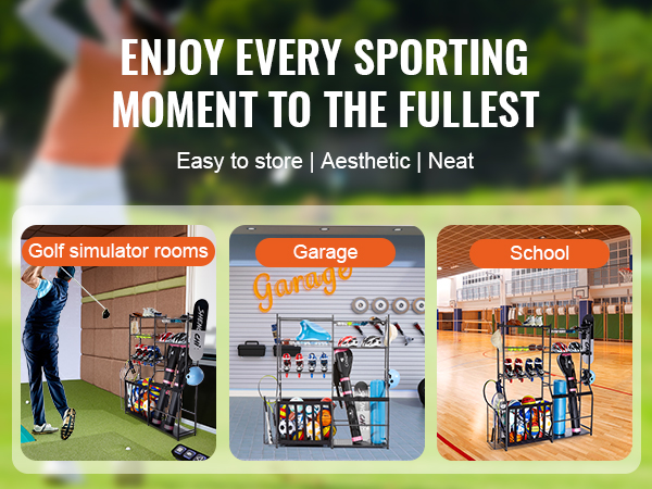 VEVOR golf storage organizer in a garage, school gym, and golf simulator room for easy and neat storage.