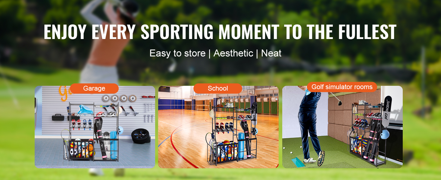 VEVOR golf storage organizer in a garage, school gym, and golf simulator room for easy and neat storage.