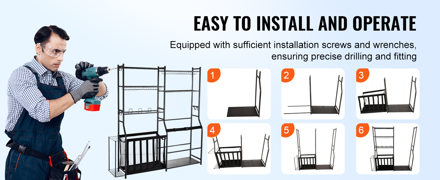 man assembling VEVOR golf storage organizer with installation steps numbered 1 to 6, and clear instructions.