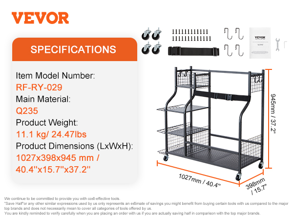 VEVOR golf storage garage organizer, 945mm h x 1027mm w x 398mm d, with assembly tools and components.