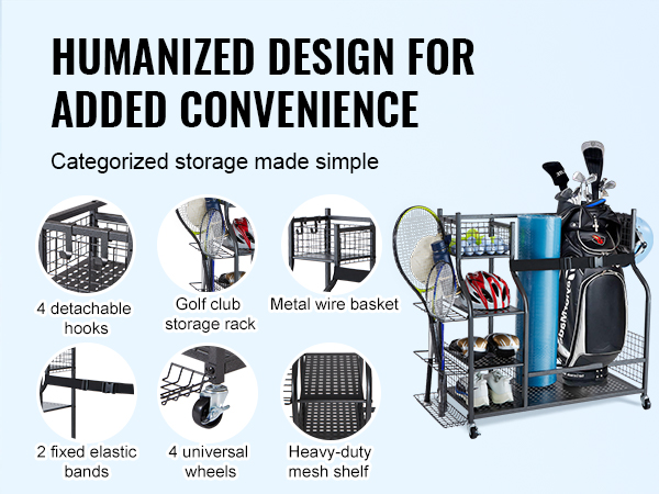 VEVOR golf storage garage organizer with detachable hooks, golf club rack, wire basket, and universal wheels.