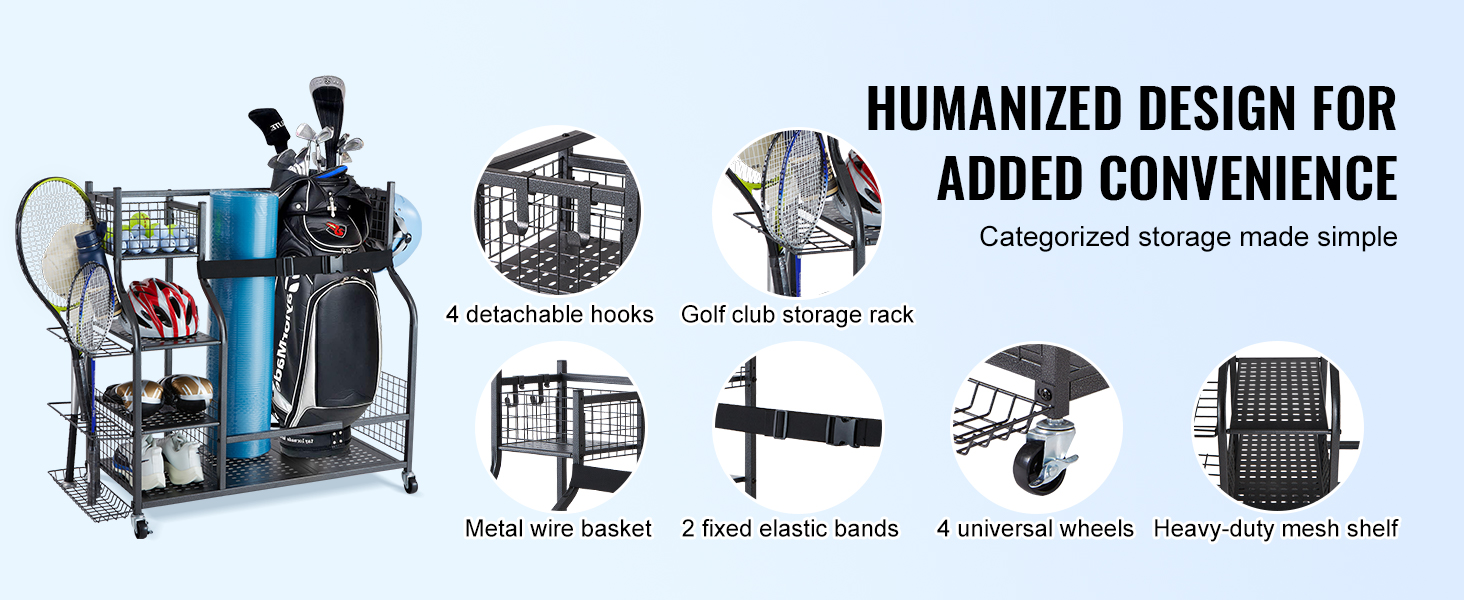 VEVOR golf storage garage organizer with detachable hooks, golf club rack, wire basket, and universal wheels.