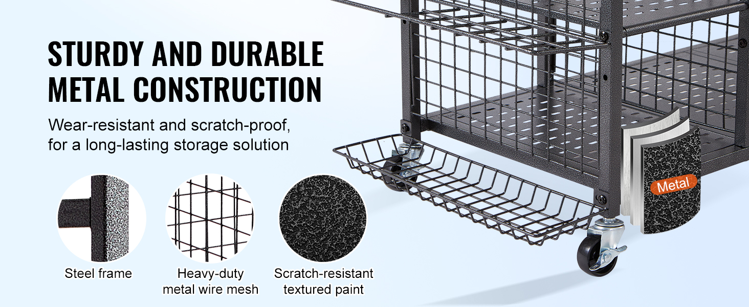 sturdy VEVOR golf storage garage organizer with durable wear-resistant metal frame, wire mesh, and wheels.