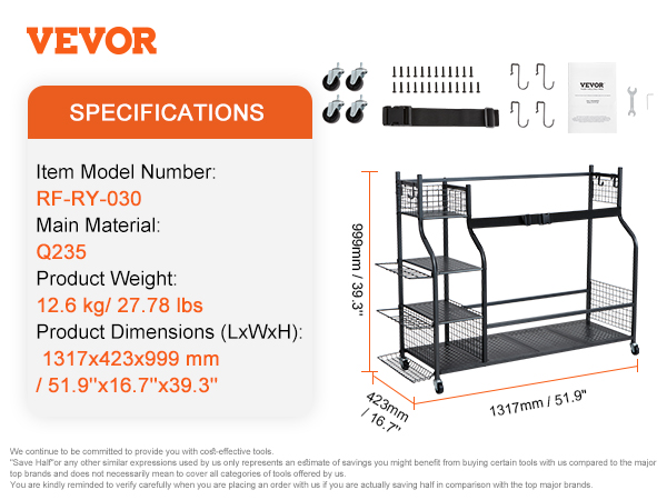 VEVOR golf storage organizer dimensions, materials, and package contents displayed with assembly tools.