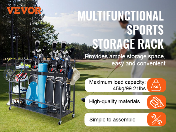 VEVOR golf storage organizer on a golf course, highlighting its multifunctional sports storage rack with ample space.