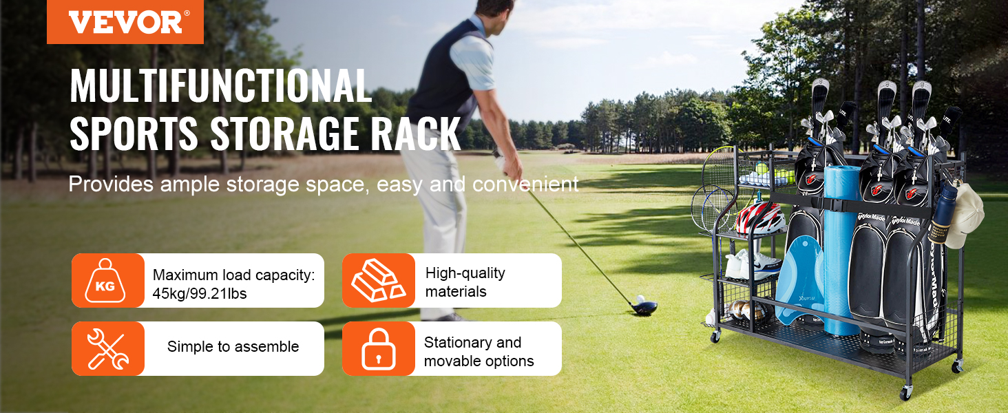 VEVOR golf storage organizer on a golf course, highlighting its multifunctional sports storage rack with ample space.