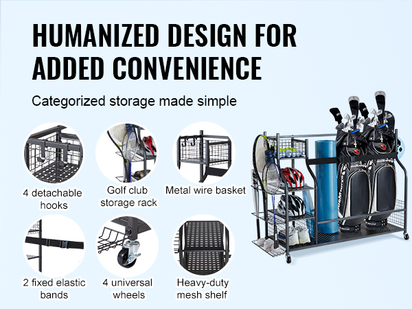 VEVOR golf storage organizer with shelves, detachable hooks, wire baskets, and 4 universal wheels.