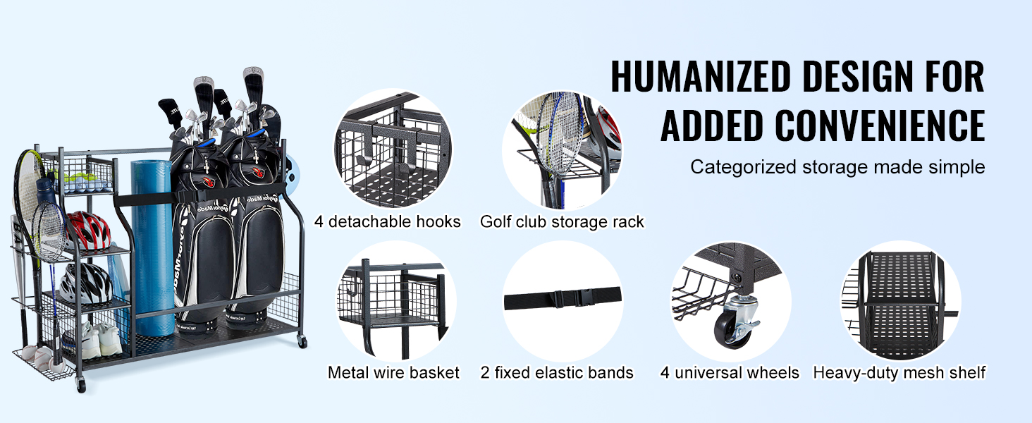 VEVOR golf storage organizer with shelves, detachable hooks, wire baskets, and 4 universal wheels.