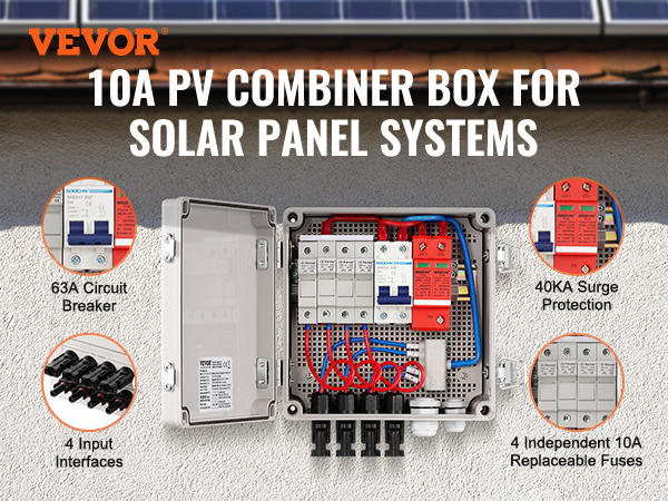 VEVOR solar pv combiner box for solar panel systems with 40ka surge protection, 4 inputs, 10a fuses.