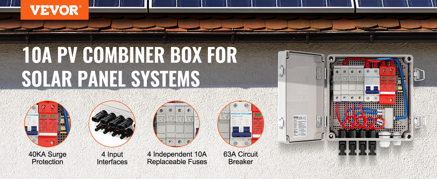 VEVOR solar pv combiner box for solar panel systems with 40ka surge protection, 4 inputs, 10a fuses.
